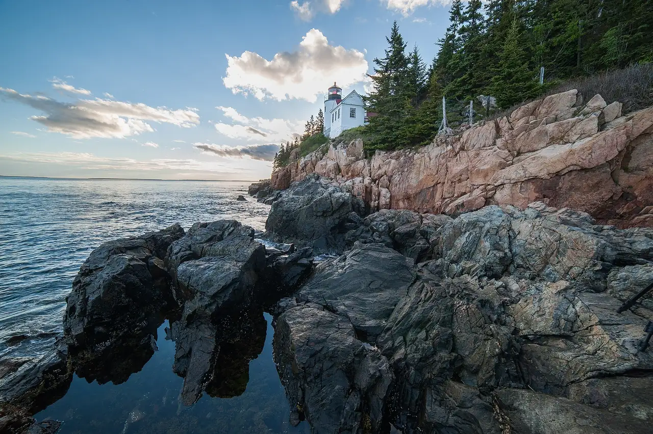 Bass Harbor Head Light on the granite shore at the southern end of Mount Desert Island