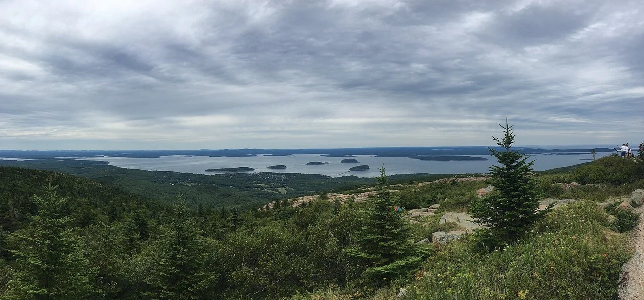 Panoramic view from the summit of Cadillac Mountain over Frenchman Bay in Acadia National Park