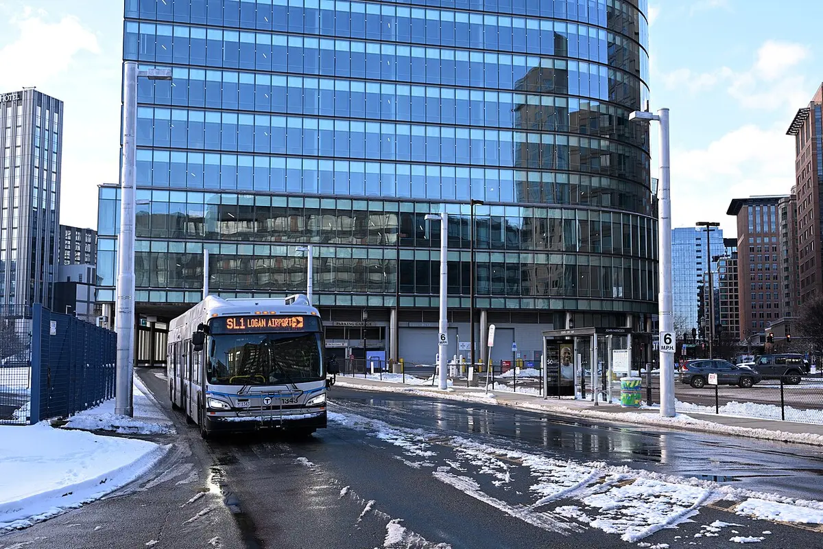 An outbound MBTA Silver Line SL1 bus at Silver Line Way in Boston