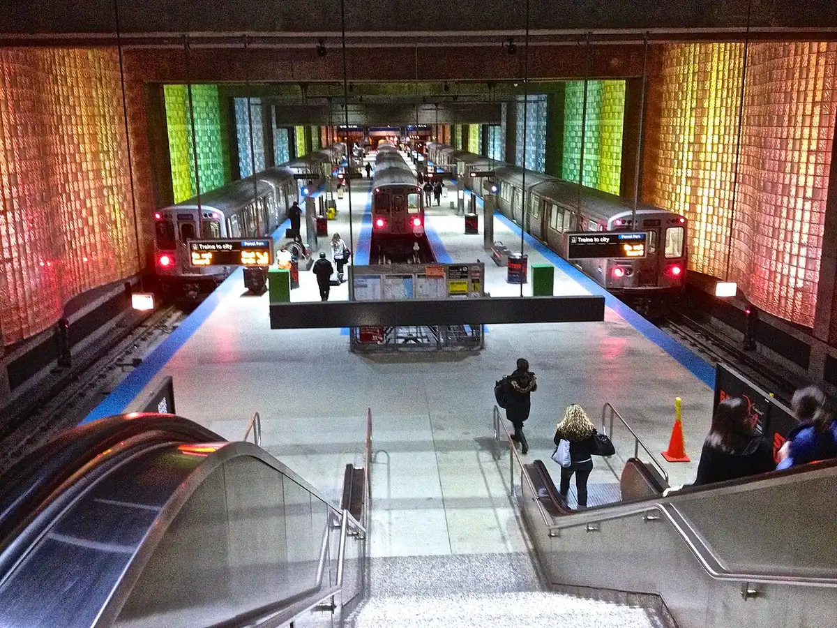 The CTA Blue Line platform inside the station at Chicago O Hare airport