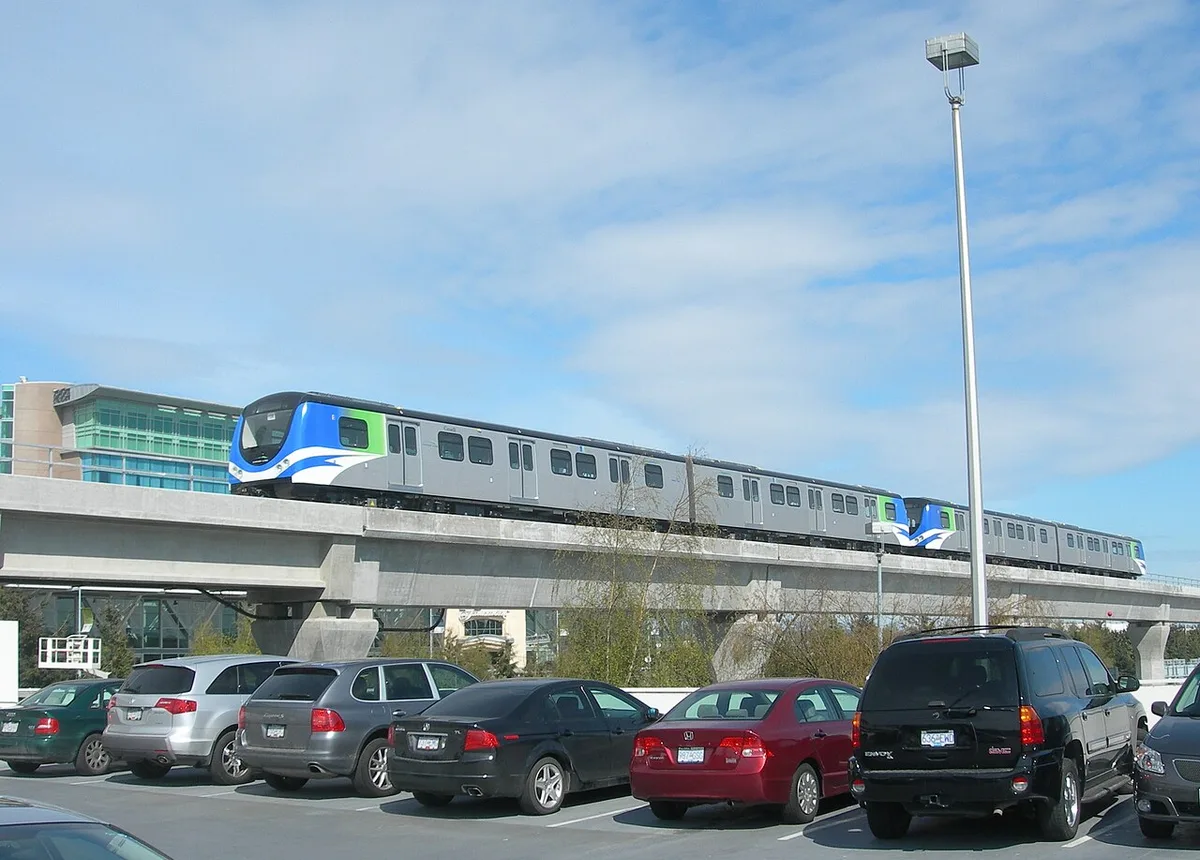 Canada Line SkyTrain cars of the type that runs between Vancouver airport and downtown