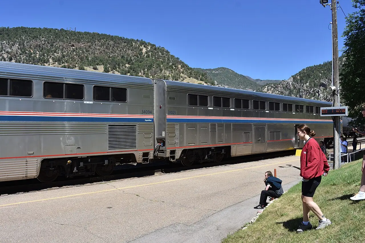 Amtrak California Zephyr stopped at Glenwood Springs station in Colorado