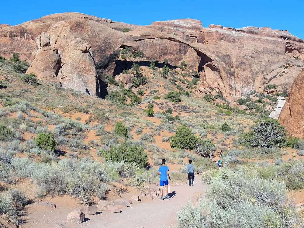 Hiker with trekking poles on sandy trail approaching thin Landscape Arch under blue sky