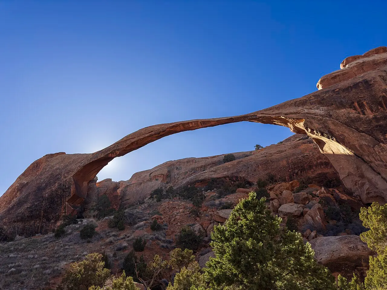 Thin Landscape Arch spanning between rock fins with sunburst behind and juniper in the foreground