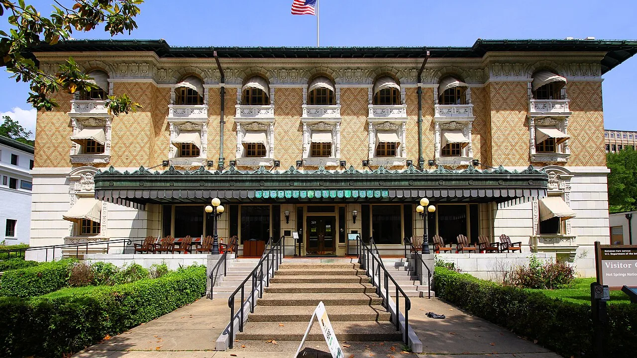 Fordyce Bathhouse facade and visitor center entrance on Bathhouse Row in Hot Springs National Park