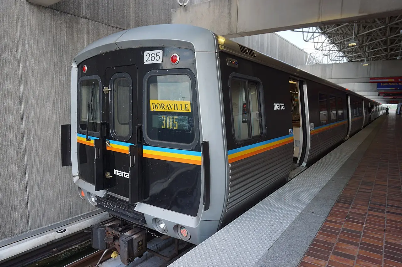 A MARTA Gold Line train on elevated track in Atlanta