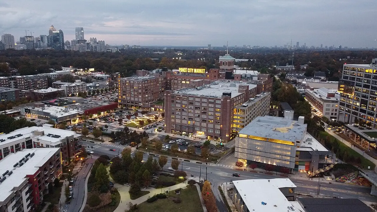 Ponce City Market seen across Historic Fourth Ward Park in Atlanta
