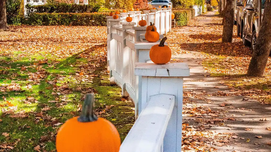 Fall foliage around a white church in Woodstock, Vermont