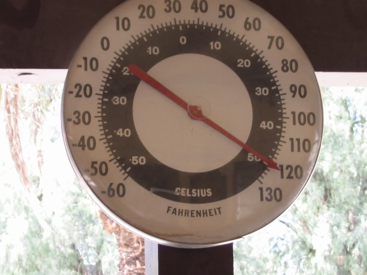 A thermometer reading extreme heat at Furnace Creek in Death Valley