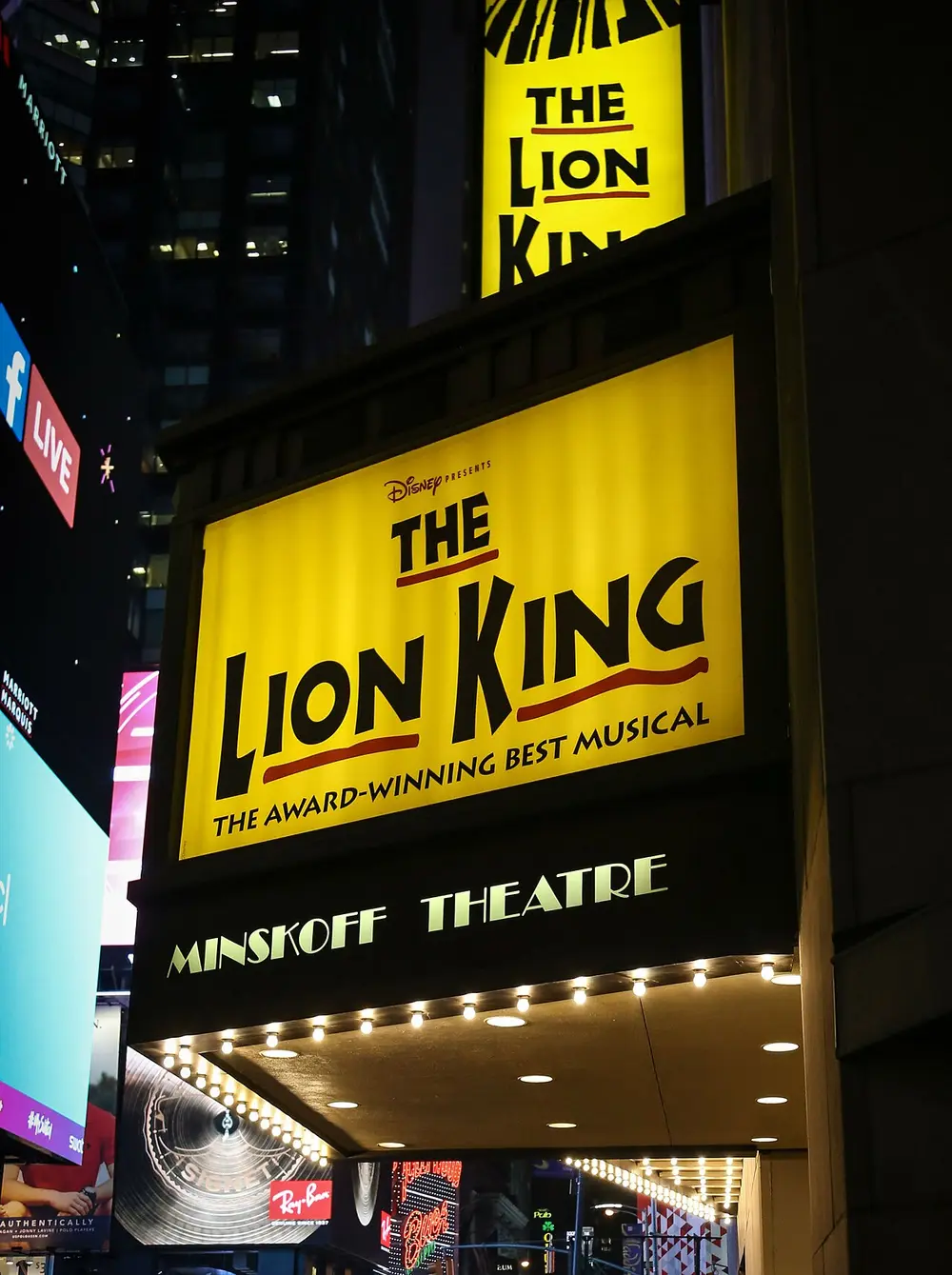 The Lion King marquee above the entrance to the Minskoff Theatre on Broadway