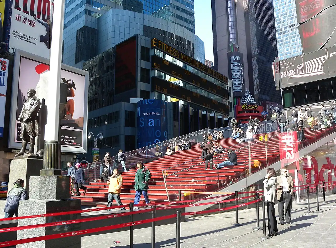The red glass steps above the TKTS discount ticket booth in Times Square