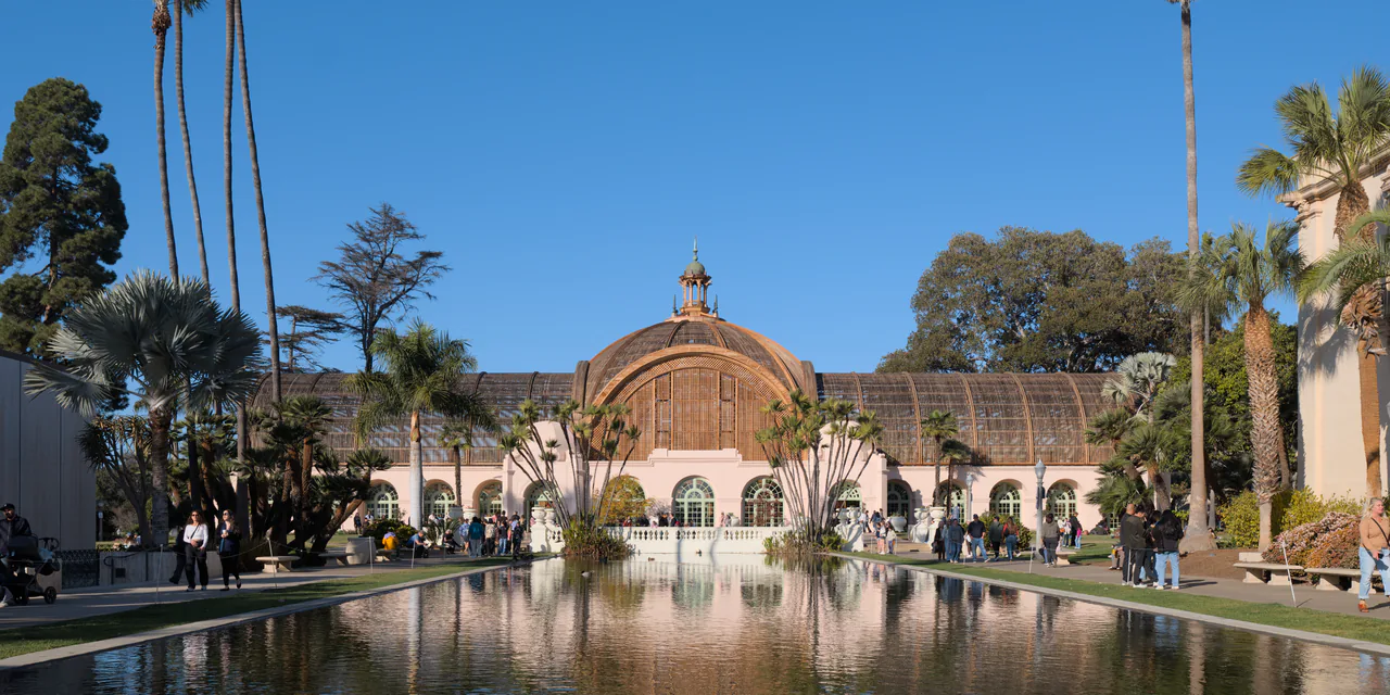 The wooden Botanical Building and lily pond in Balboa Park, San Diego
