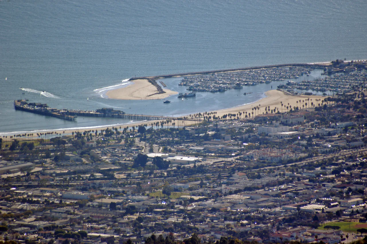 Palm trees and boats along the Santa Barbara waterfront with hills behind