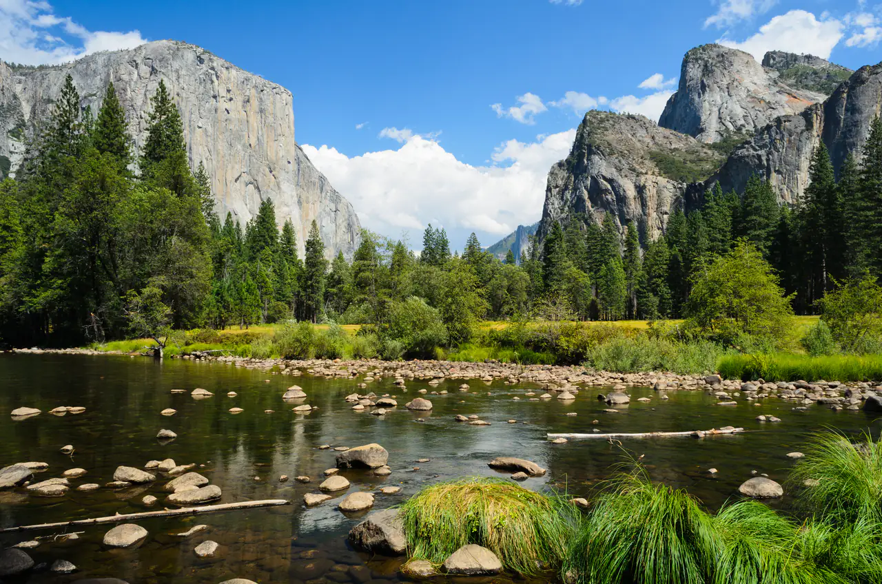El Capitan and the Merced River seen from Valley View in Yosemite Valley on a clear day