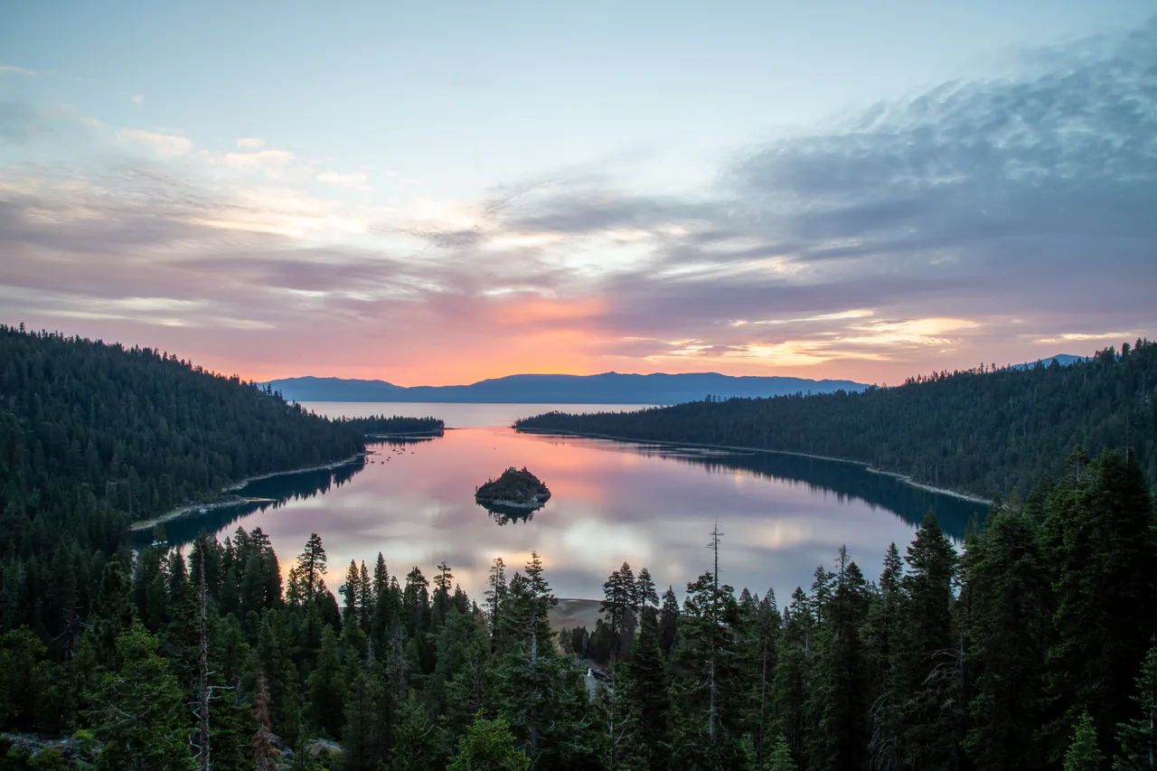 Emerald Bay on Lake Tahoe with Fannette Island and pine-covered slopes above the blue water