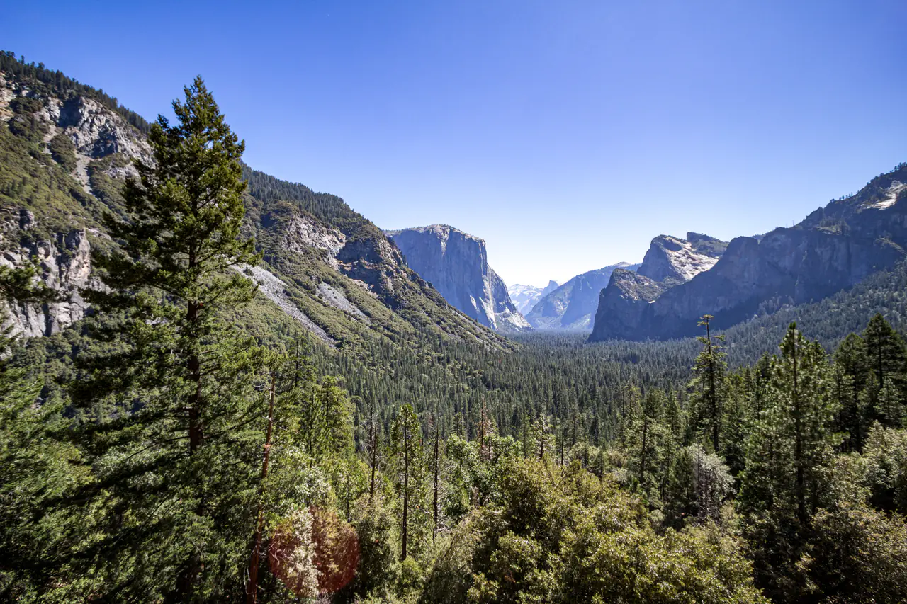Yosemite Valley seen from the tunnel viewpoint with El Capitan on the left and Bridalveil Fall on the right