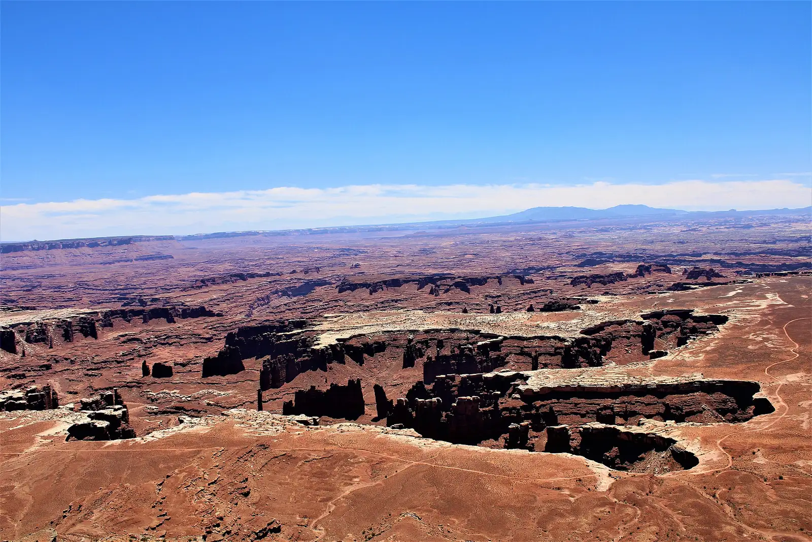 Aerial view over Island in the Sky at Canyonlands National Park, with layered canyon spires and the White Rim in the distance