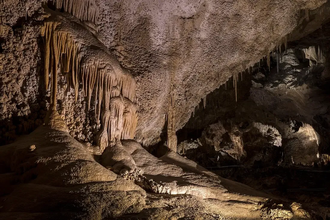 Massive stalactite formations hanging in the Big Room at Carlsbad Caverns