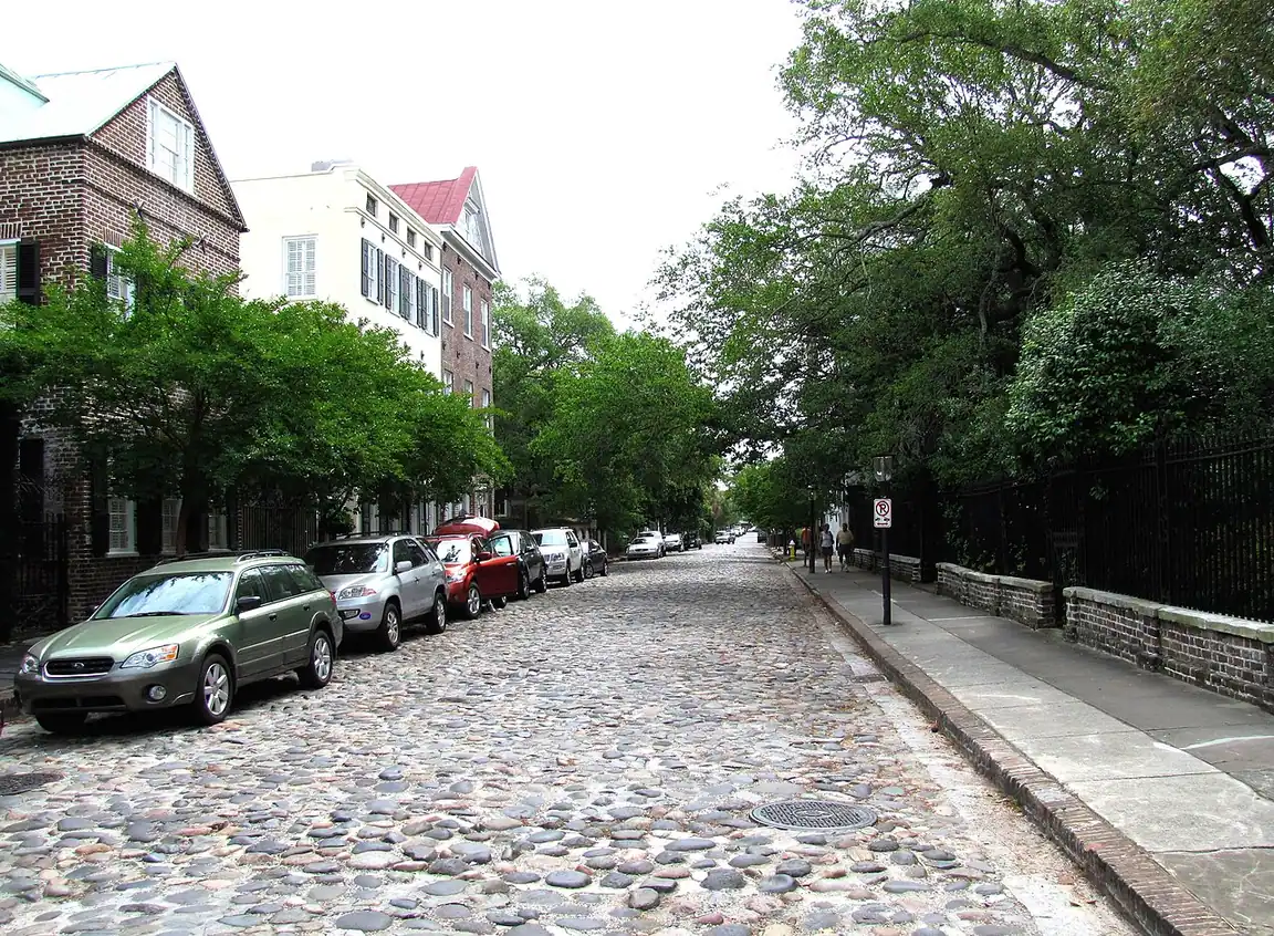 The cobblestone surface of Chalmers Street in historic Charleston