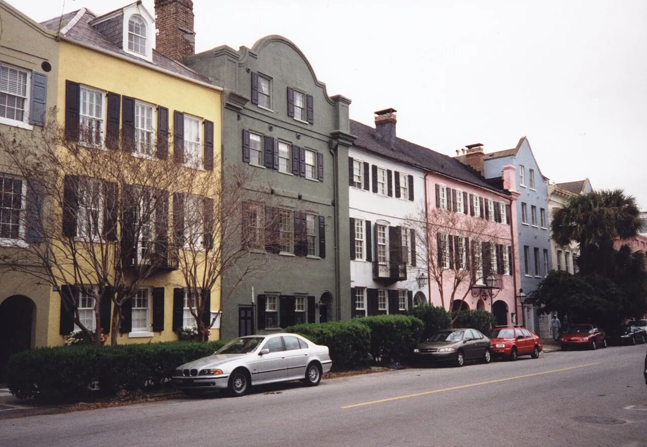 The pastel houses of Rainbow Row on East Bay Street in Charleston, South Carolina