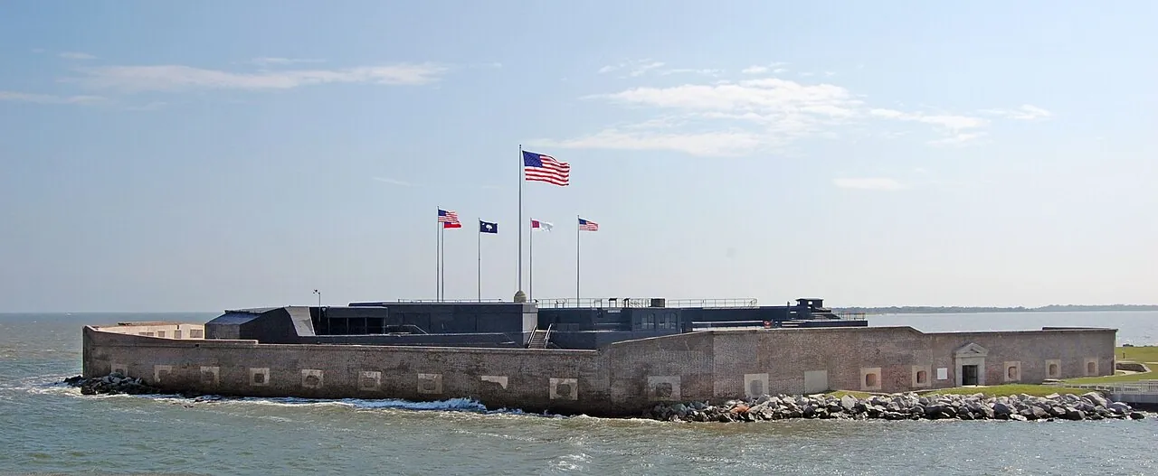 Fort Sumter on its island in Charleston Harbor seen from the water