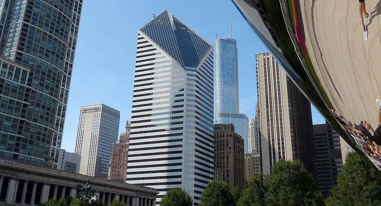 The Chicago skyline reflected in the curved underside of the Cloud Gate sculpture