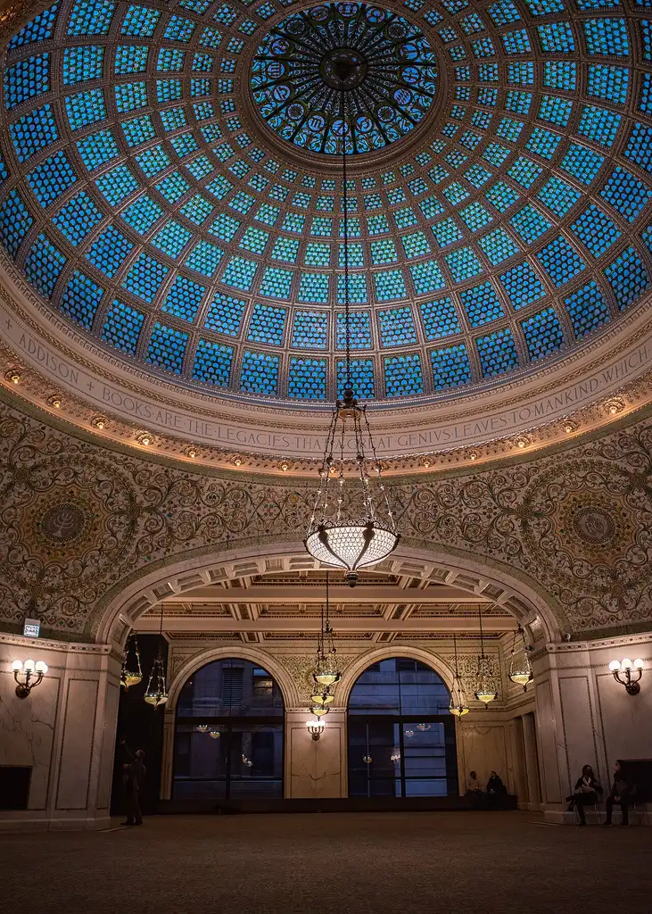 The stained glass Tiffany dome above Preston Bradley Hall in the Chicago Cultural Center