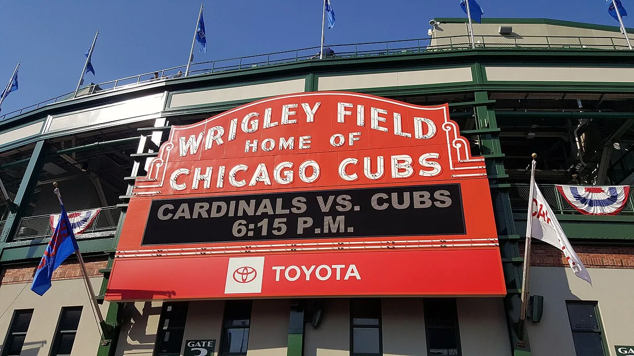 The red marquee sign at the entrance to Wrigley Field in Chicago