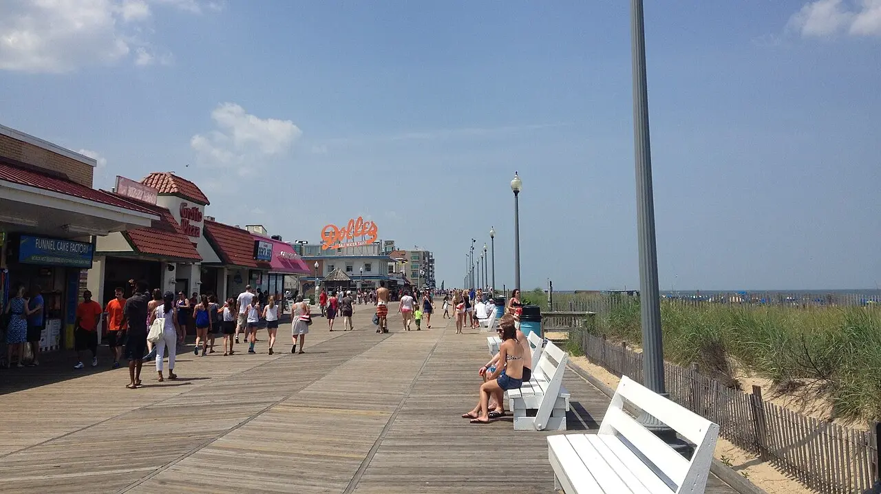 Rehoboth Beach boardwalk looking north toward Rehoboth Avenue on a clear day