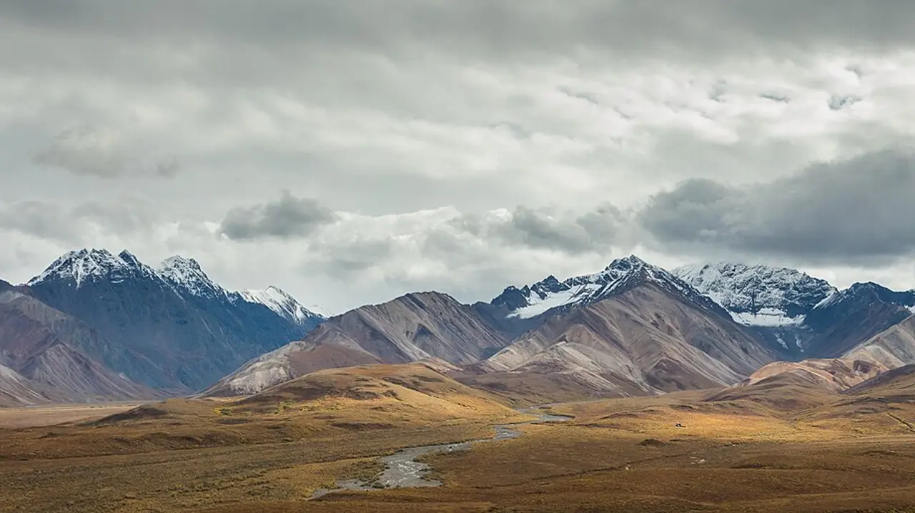 Wide tundra valley and braided rivers in Denali National Park and Preserve