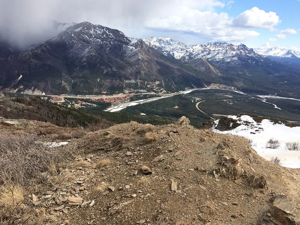 The Denali Park Road cutting through green tundra under a cloudy Alaska sky