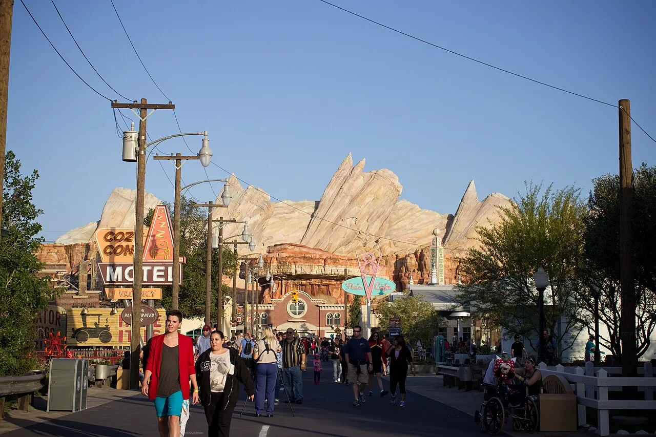 Radiator Springs storefronts along a Route 66-style street in Cars Land at Disney California Adventure