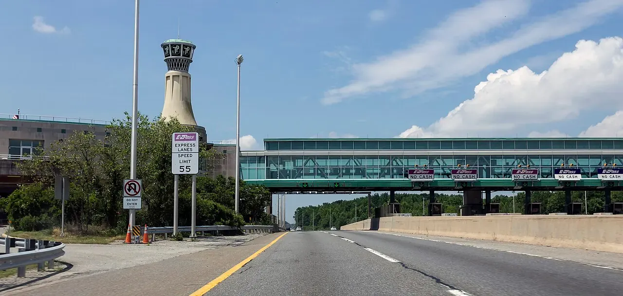 Overhead lanes at a New Jersey Turnpike toll plaza