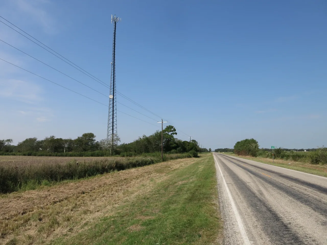 A lattice cell phone tower in rural Wharton County, Texas