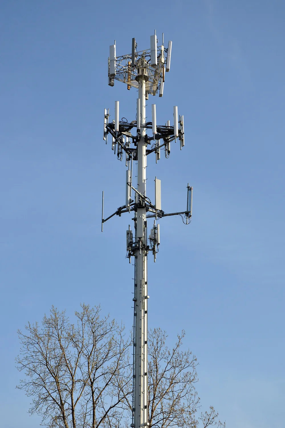 A cell phone tower with multiple antenna arrays in Palatine, Illinois