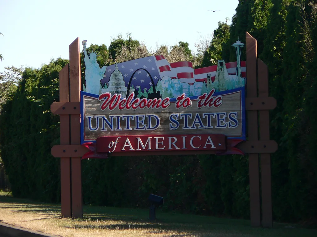 A Welcome to the United States sign at the Peace Arch crossing on the Canadian border
