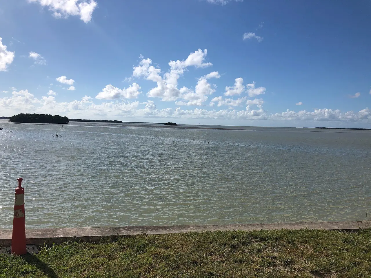 Florida Bay from a concrete ledge at Flamingo, orange traffic cone in the grass, sandbars under a bright sky