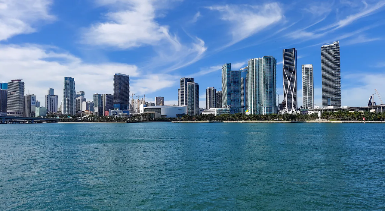 The downtown Miami skyline seen across the water of Biscayne Bay