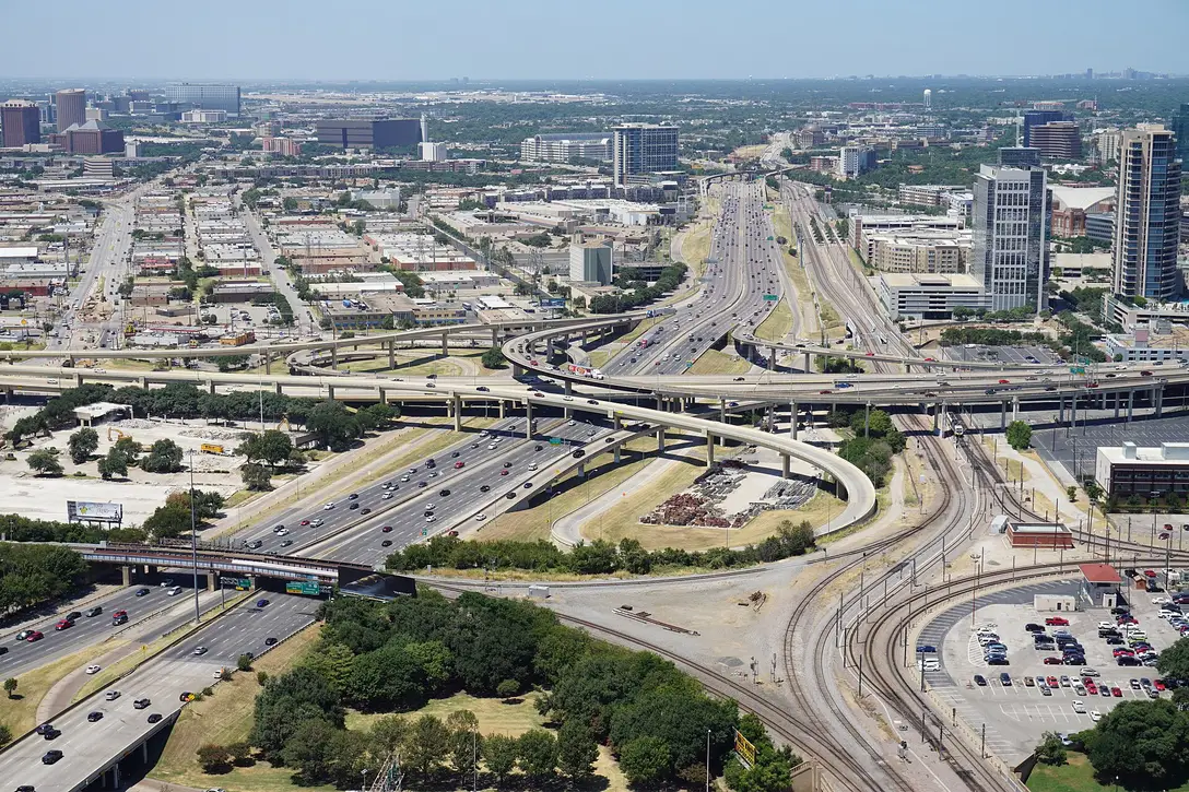 A multi-level freeway interchange in Dallas, Texas seen from Reunion Tower