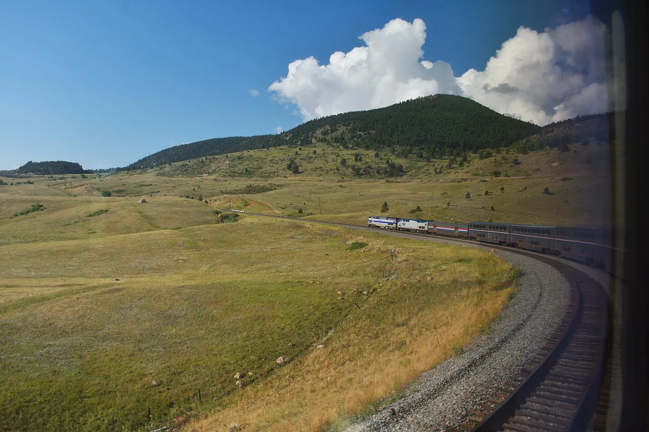 The Amtrak California Zephyr climbing the Big Ten curves west of Denver in the Rocky Mountains