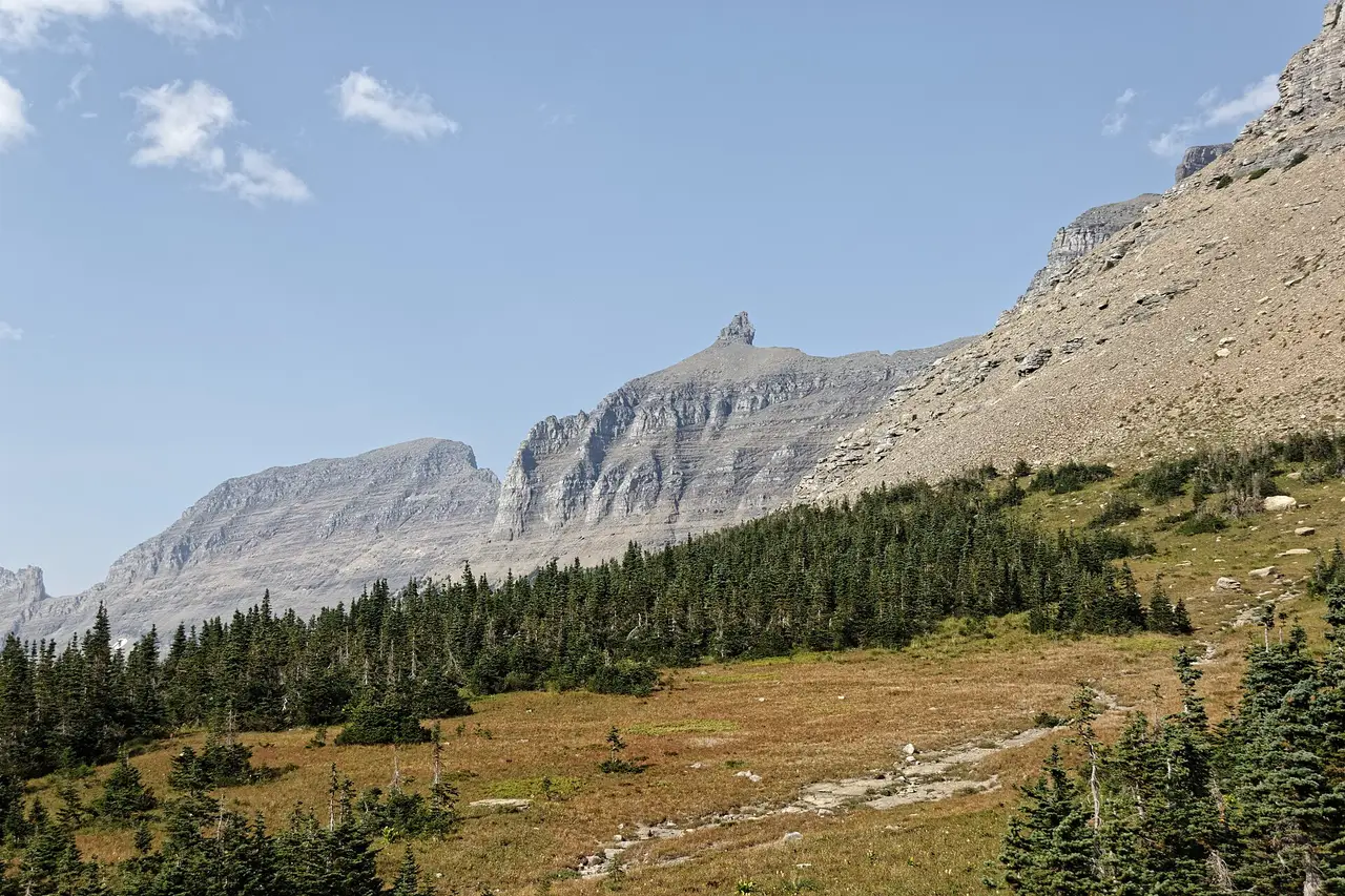 Visitors and mountains at Logan Pass along Going-to-the-Sun Road in Glacier National Park