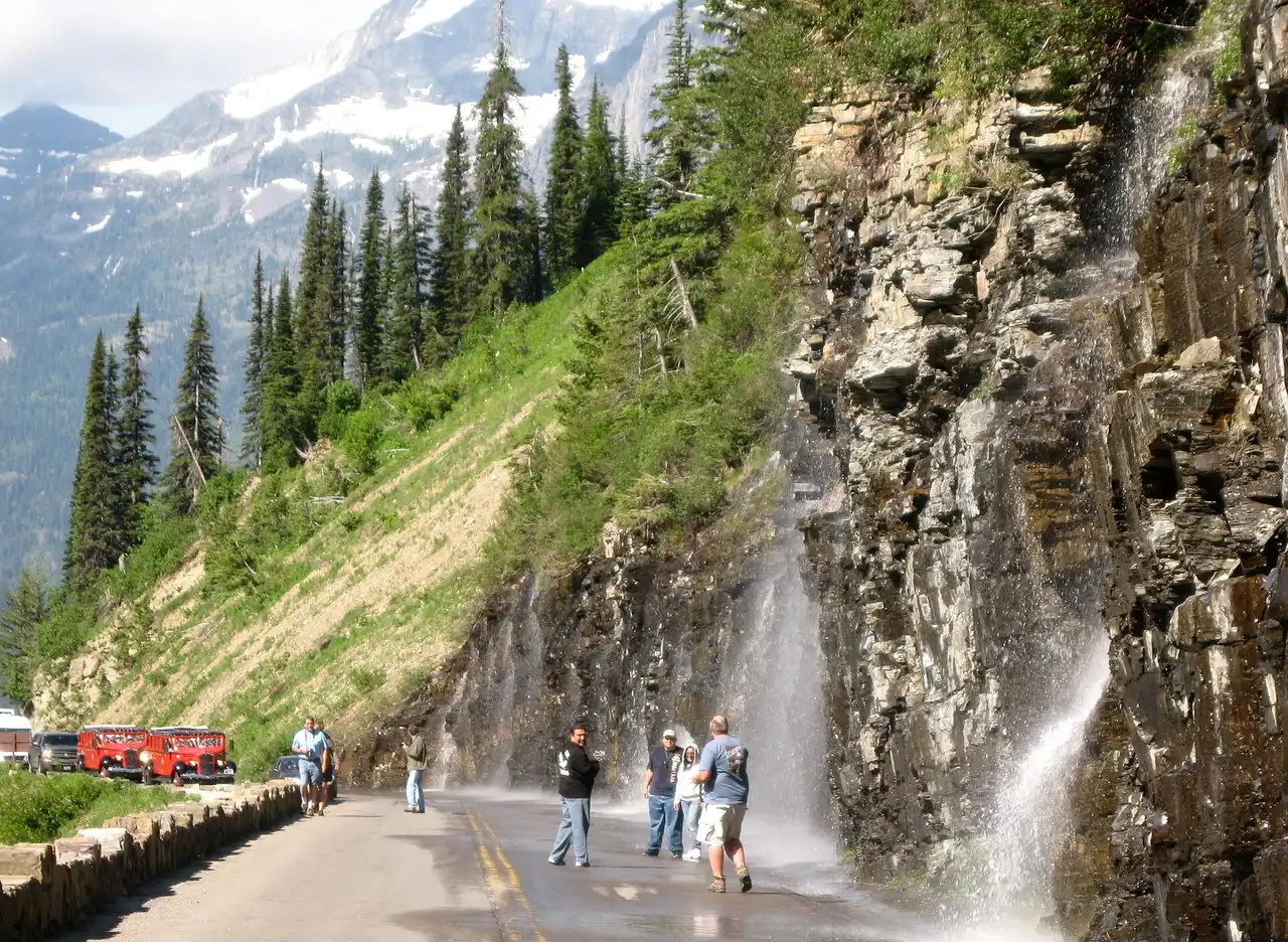 The Weeping Wall waterfall beside Going-to-the-Sun Road in Glacier National Park