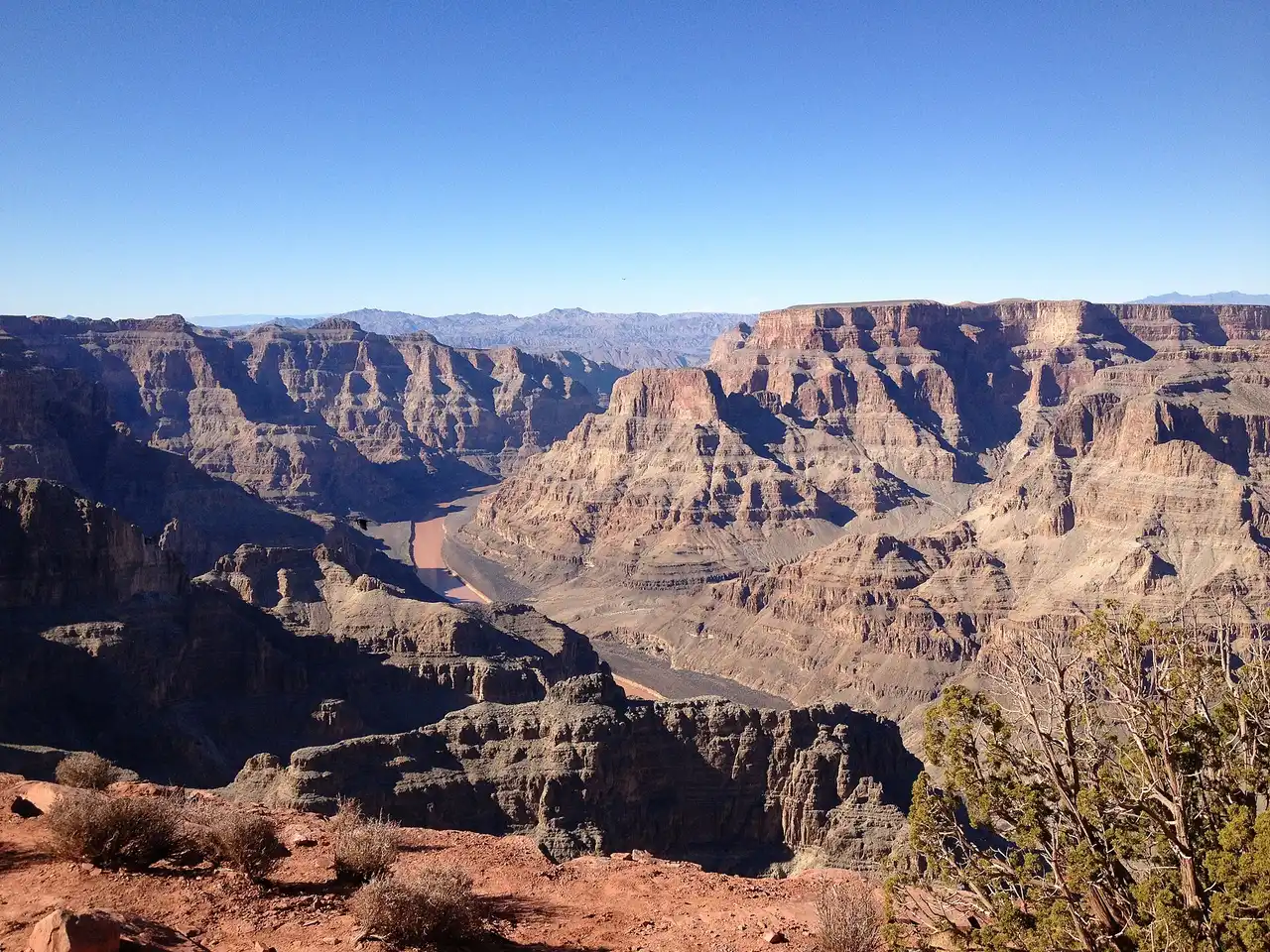 The muddy Colorado River winding through the canyon below the West Rim