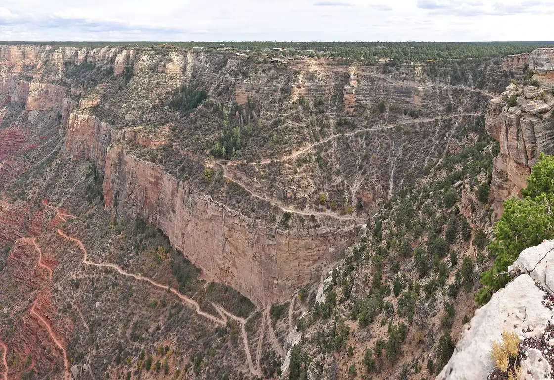 The upper switchbacks of the Bright Angel Trail cut into the canyon wall below the South Rim