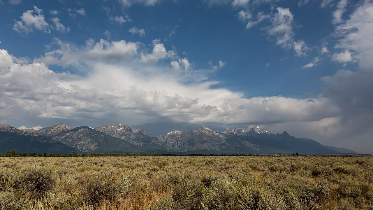 The Teton Range rising abruptly above sagebrush flats in Grand Teton National Park