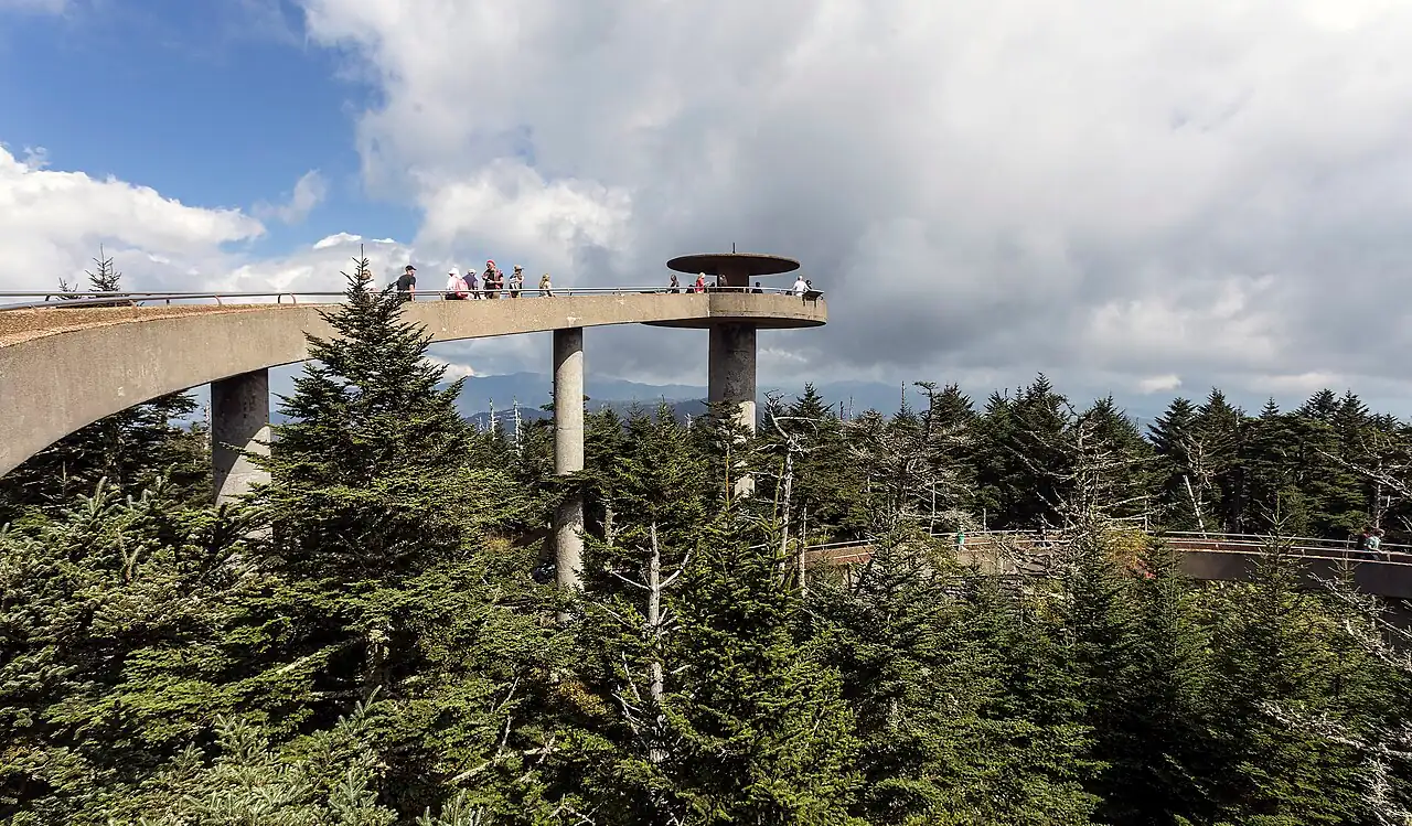 Concrete spiral ramp leading to the circular observation tower on Kuwohi, the highest peak in the Smokies