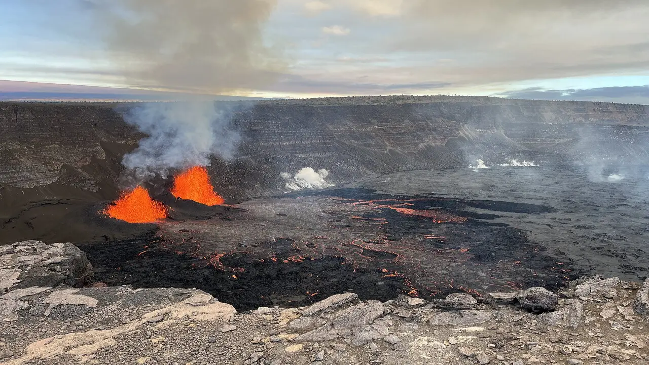 Lava fountains rising from a vent inside Halemaumau crater at Kilauea during an eruption episode