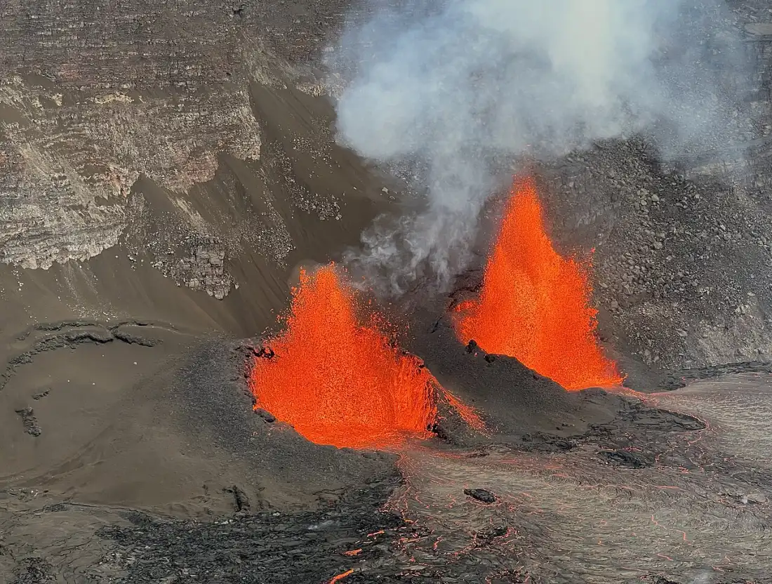 Close view of lava fountains erupting from a vent inside Halemaumau crater