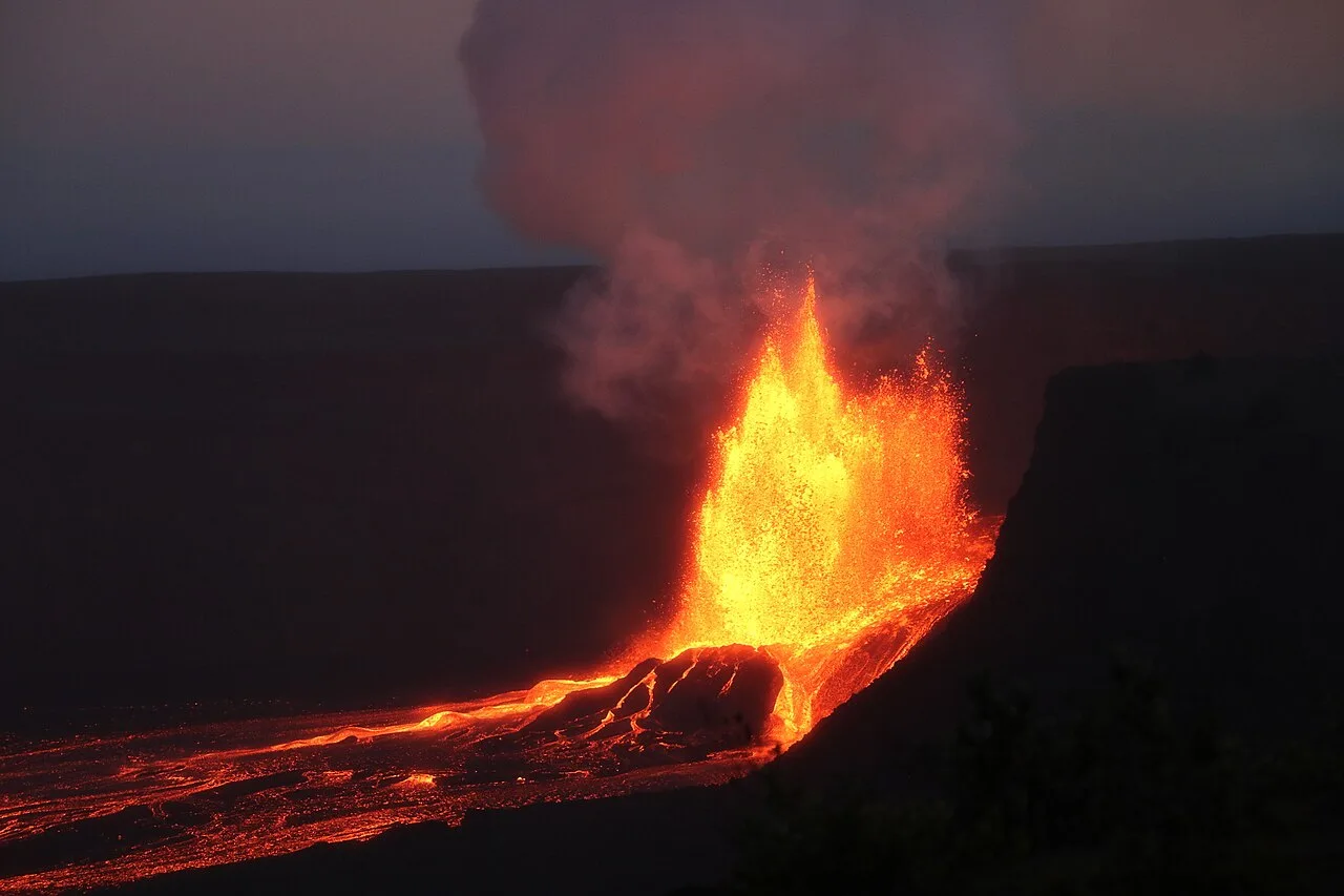 Lava fountains rising from a vent inside Halemaumau crater at Kilauea volcano