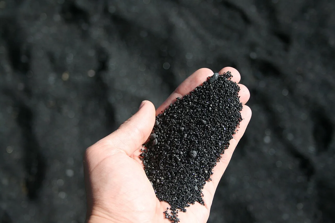 Black sand beach at Punaluu on the Big Island with palms and dark volcanic shoreline
